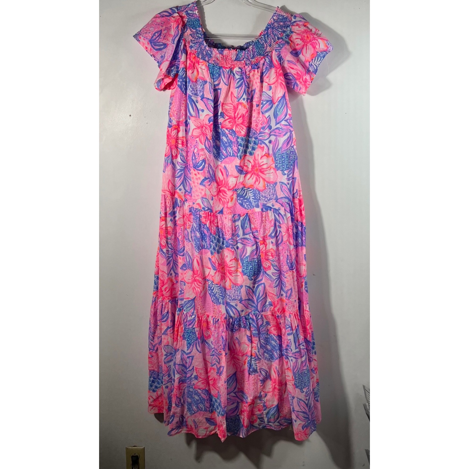 Lilly Pulitzer Pink Floral Pineapple Smocked Tiered Maxi Dress Vacation Summer